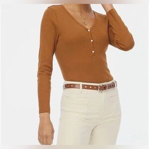 New Never Worn J. Crew Brown Ribbed Henley Long Sleeve Top.
